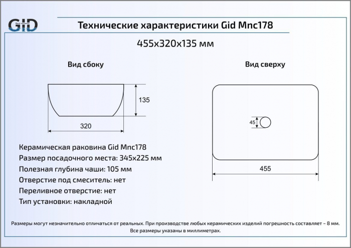 Раковина накладная GID Mnc178 44х33 54415 Под камень. Глянцевый. Фото